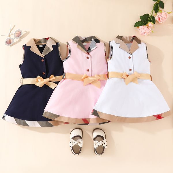 Color: Pink - Size: 6M - Baby Girls Plaid Dresses Cotton Newborn Sleeveless Vest Dress With Bowknot Turn-Down Collar Infant Princess Dresses Toddler Skirts Girl Skirt 0-24m