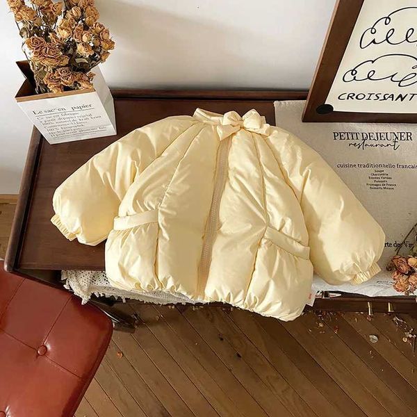 Color: Yellow - Size: 6T - Girls Yellow Down Coat Round Collar Bows Long Sleeve Loose Puffer Jacket Thick Warm Lightweight White Duck Down Outerwear XJ250808
