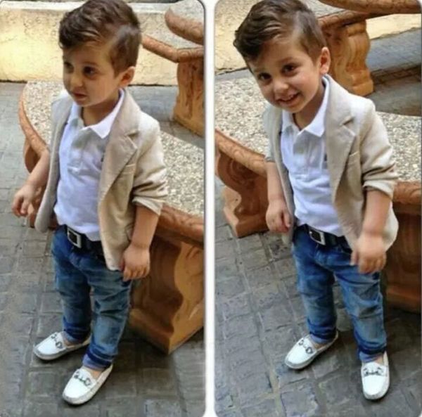 Color: Champagne - Size: 3T - Kids Clothing Boys Clothing Set Casual Children Boy Gentleman Suit Jacket+T-shirt+Denim Jean Pants 3pcs Clothing Sets