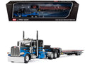 Peterbilt 389 with 48" Flat Top Sleeper and Landoll 440B-50CA Traveling Axle Trailer Black with Blue Stripes 1/64 Diecast Model by DCP/First Gear