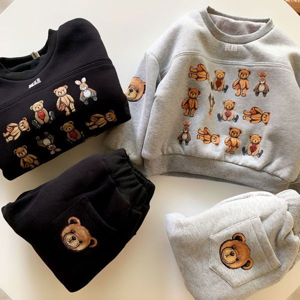Color: Gray - Size: 110 - Kids Fashion Clothing Set Winter Hot Sale Thicked Suits Boys Girl Casual Sweatshirts Solid Color Bear Printed Two Pieces Suit Tracksuits