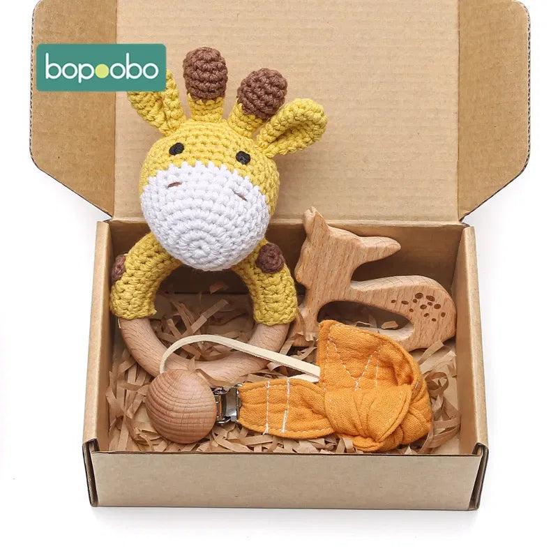 Color: green - Bopoobo 3PCS/5PCS Crochet Bunny Baby Teether Rattle Animal Beech Wood Teether Pacifier Chain Crochet Rattle For Newborn Baby