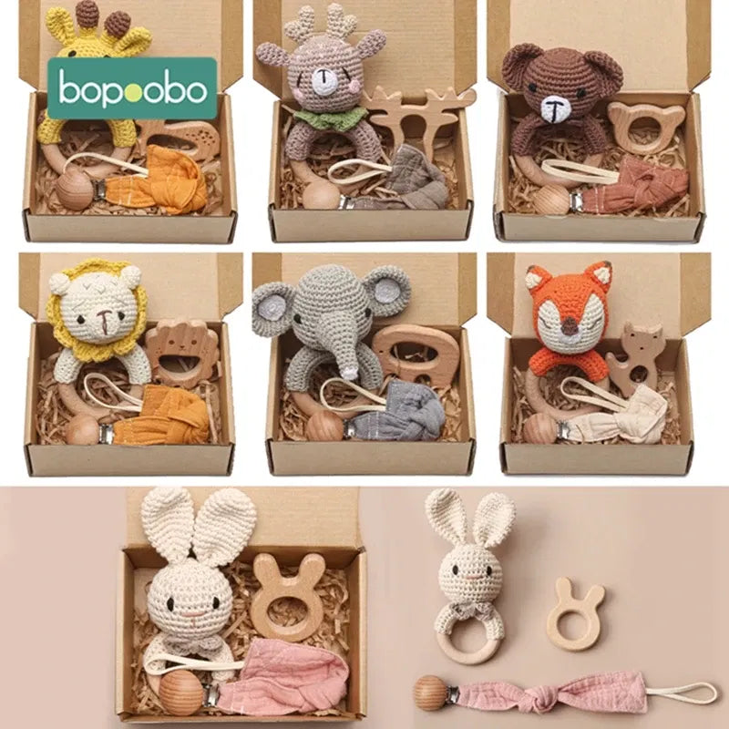 Color: green - Bopoobo 3PCS/5PCS Crochet Bunny Baby Teether Rattle Animal Beech Wood Teether Pacifier Chain Crochet Rattle For Newborn Baby