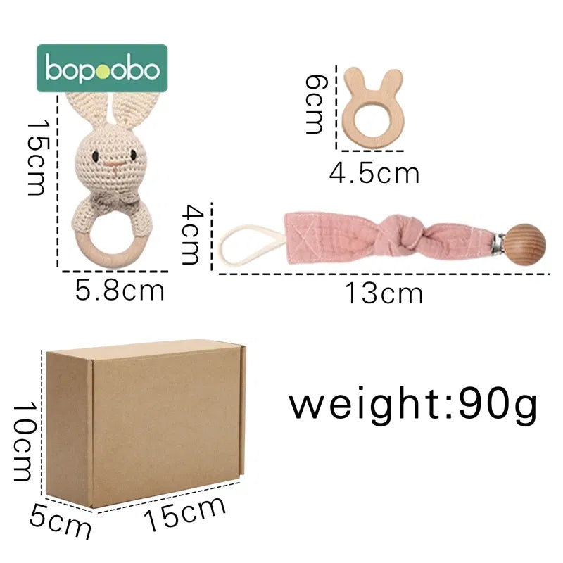 Color: green - Bopoobo 3PCS/5PCS Crochet Bunny Baby Teether Rattle Animal Beech Wood Teether Pacifier Chain Crochet Rattle For Newborn Baby