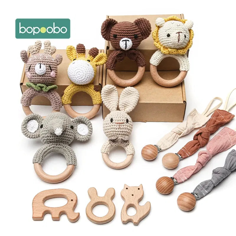 Color: green - Bopoobo 3PCS/5PCS Crochet Bunny Baby Teether Rattle Animal Beech Wood Teether Pacifier Chain Crochet Rattle For Newborn Baby