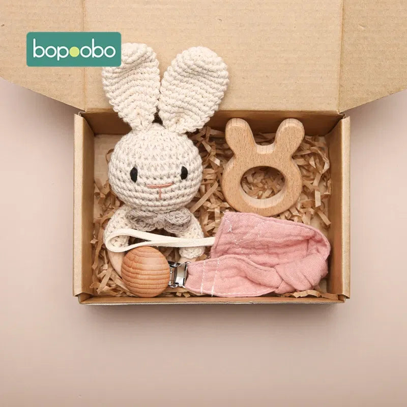 Color: green - Bopoobo 3PCS/5PCS Crochet Bunny Baby Teether Rattle Animal Beech Wood Teether Pacifier Chain Crochet Rattle For Newborn Baby