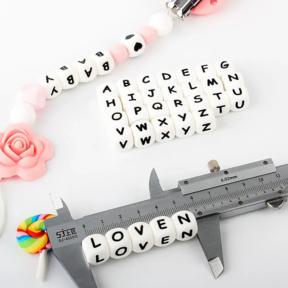 Color: Clear - 10pcs 12mm Baby Silicone Letters Beads for Pacifier Clips Alphabet Bead Baby Chew Teething Teether Nursing Children Gifts 100Pcs
