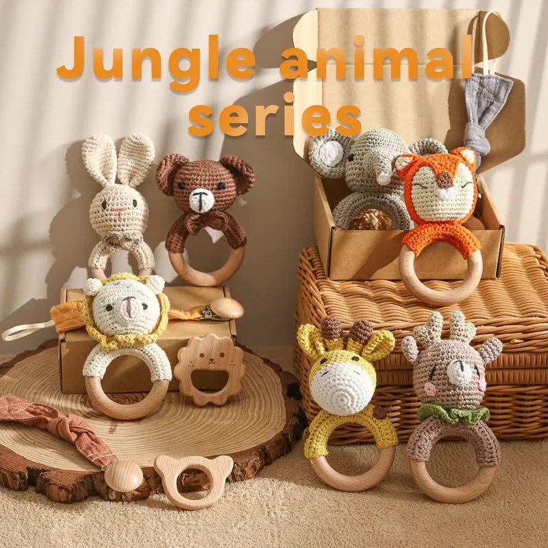 Color: green - Bopoobo 3PCS/5PCS Crochet Bunny Baby Teether Rattle Animal Beech Wood Teether Pacifier Chain Crochet Rattle For Newborn Baby