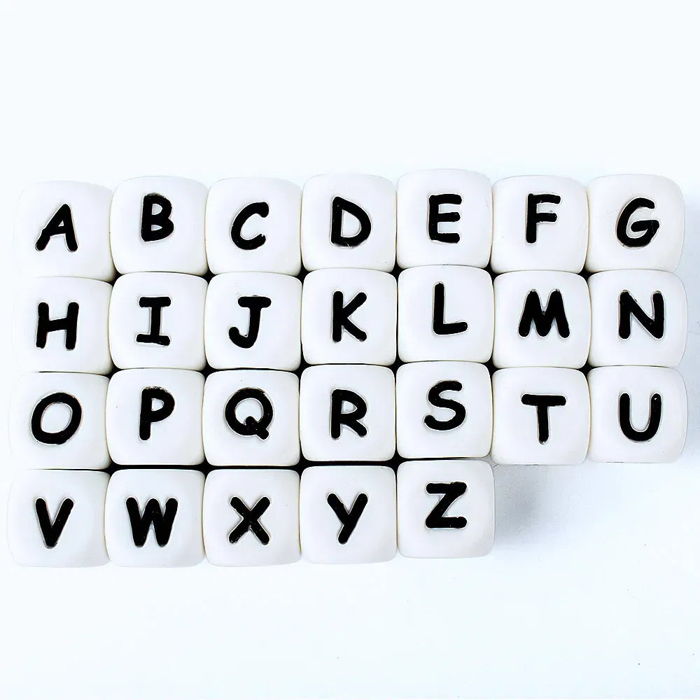 Color: Clear - 10pcs 12mm Baby Silicone Letters Beads for Pacifier Clips Alphabet Bead Baby Chew Teething Teether Nursing Children Gifts 100Pcs