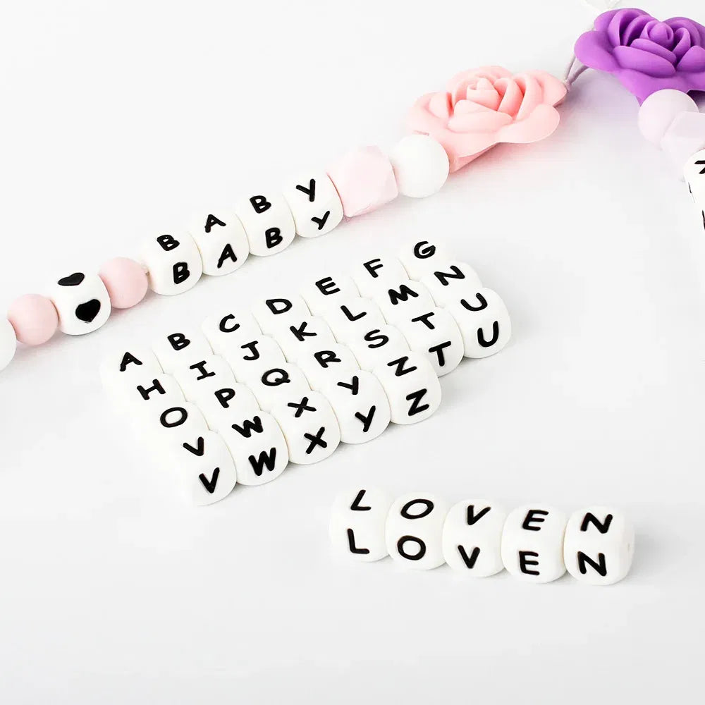 Color: Clear - 10pcs 12mm Baby Silicone Letters Beads for Pacifier Clips Alphabet Bead Baby Chew Teething Teether Nursing Children Gifts 100Pcs