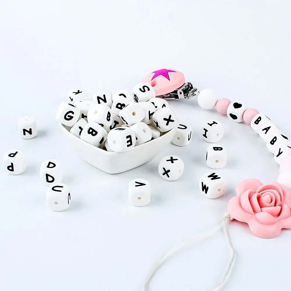 Color: Yellow - 100Pcs Baby Teether 12mm Silicone Letters Beads Pacifier Clip Chain Personalized Name Letter Beads Teething Nursing Toy BPA Free