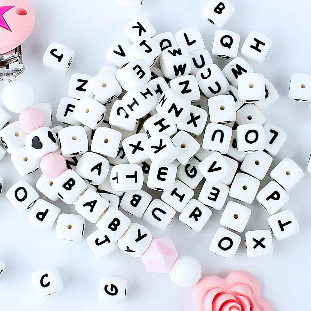 Color: Yellow - 100Pcs Baby Teether 12mm Silicone Letters Beads Pacifier Clip Chain Personalized Name Letter Beads Teething Nursing Toy BPA Free