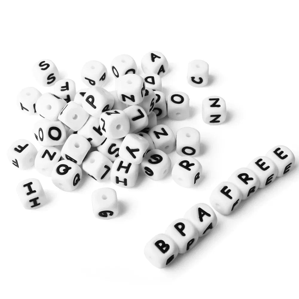 Color: Clear - 10pcs 12mm Baby Silicone Letters Beads for Pacifier Clips Alphabet Bead Baby Chew Teething Teether Nursing Children Gifts 100Pcs