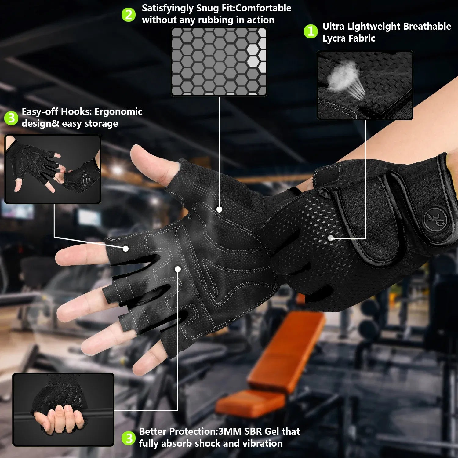 Color: Black, Size: XXL - MOREOK Gym Gloves Non-slip 3MM Pads Pull Up Power Training Weight Lifting Gloves Kettlebell Workout Exercise Fitness Gloves Men