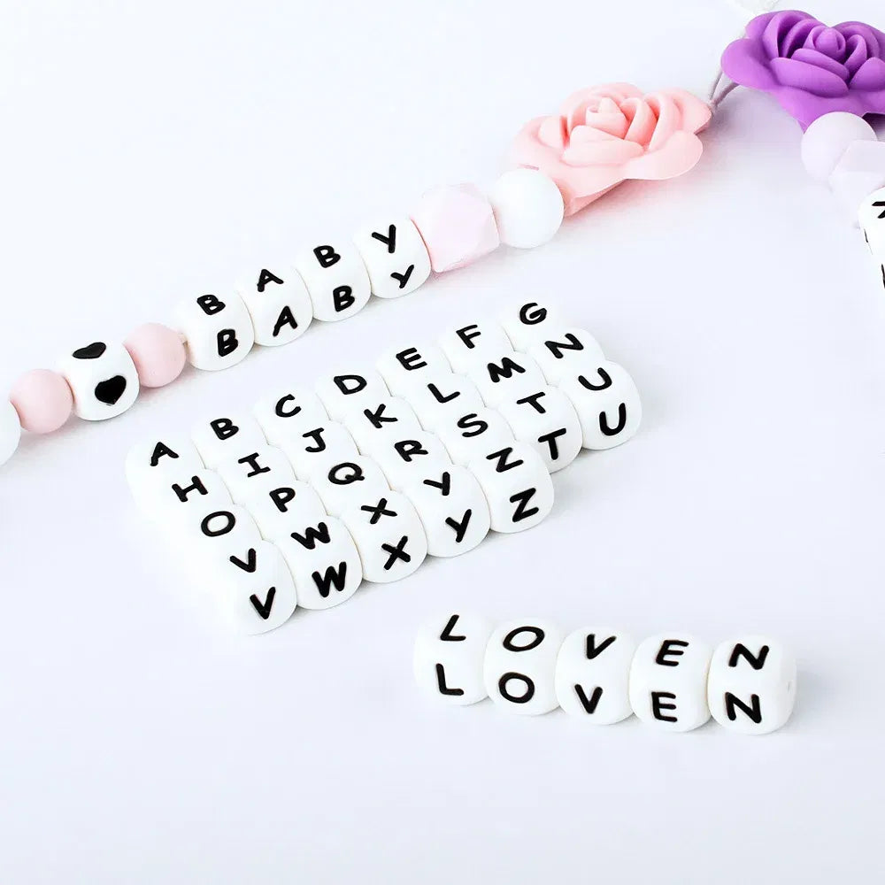 Color: Yellow - 100Pcs Baby Teether 12mm Silicone Letters Beads Pacifier Clip Chain Personalized Name Letter Beads Teething Nursing Toy BPA Free