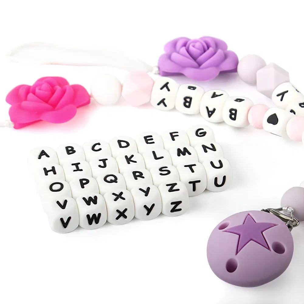 Color: Yellow - 100Pcs Baby Teether 12mm Silicone Letters Beads Pacifier Clip Chain Personalized Name Letter Beads Teething Nursing Toy BPA Free