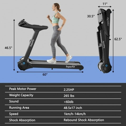 2.25HP Folding Treadmill with Bluetooth Speaker-Black - Color: Black