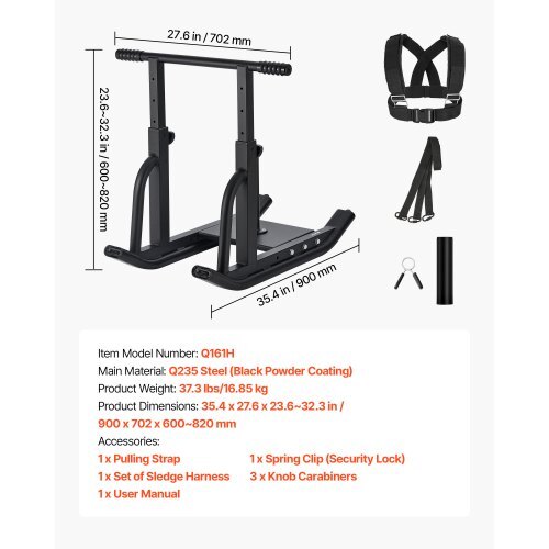 Weight Sled, Steel Power Sled, Fitness Training Sleds for Athletic Exercise Speed Improvement, Workout Equipment with Adjustable Height Handle, Compatible with 1/2 in Weight Plates, Black