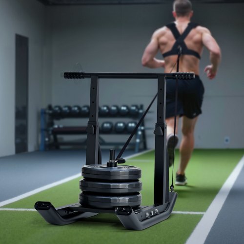 Weight Sled, Steel Power Sled, Fitness Training Sleds for Athletic Exercise Speed Improvement, Workout Equipment with Adjustable Height Handle, Compatible with 1/2 in Weight Plates, Black
