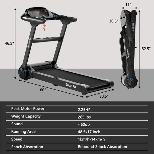 Quiet 2.25HP Folding Treadmill with 8-Stage Shock Absorption