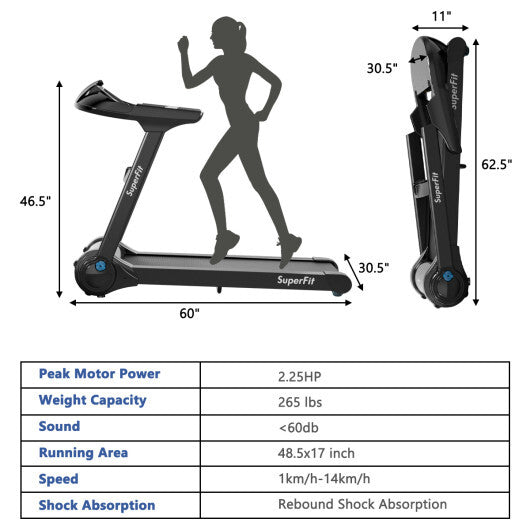 Smart 2.25HP Folding Treadmill with LED Touch Display & Heart Rate Monitor