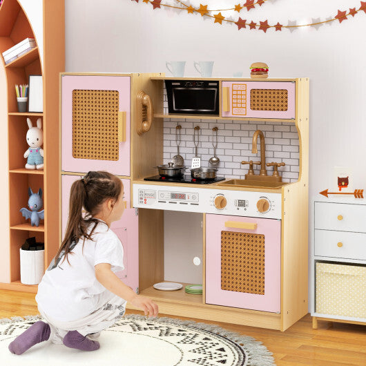 Kids Wooden Kitchen Playset with Realistic Lights and Sounds-Pink - Color: Pink