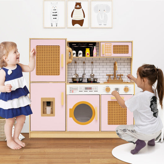 Kids Wooden Kitchen Playset with Realistic Lights and Sounds-Pink - Color: Pink
