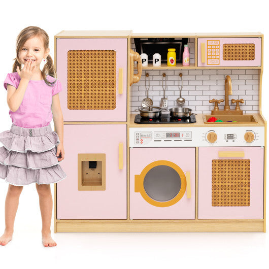 Kids Wooden Kitchen Playset with Realistic Lights and Sounds-Pink - Color: Pink