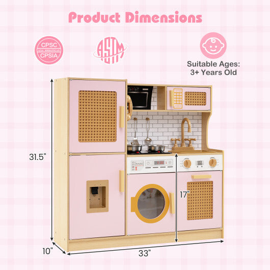Kids Wooden Kitchen Playset with Realistic Lights and Sounds-Pink - Color: Pink